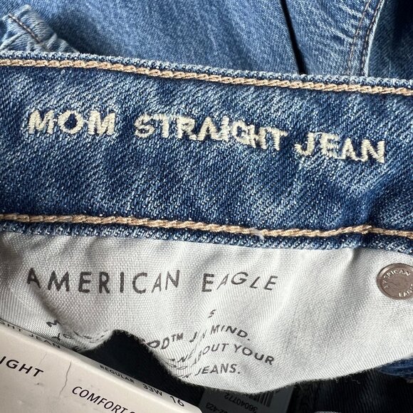 American Eagle Jeans Women's 16R Mom Straight Jean Blue Faded Distressed Denim - Picture 8 of 16
